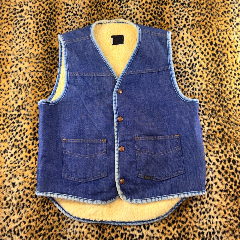 Vintage Roebucks Sears Denim Sherpa Lined Vest Blue 70s Western Mens Medium